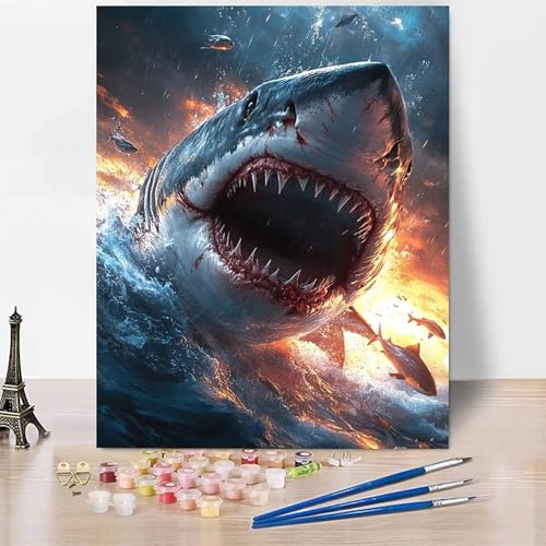 Tier Malen Nach Zahlen Erwachsene Hai Malen Nach Zahlen Kreativ Set Erwachsene 100×135cm, Leinwand Ölgemälde Bastelset mit Pinsel und Farben für Zimmer Deko, Geschenke für Frauen, Ohne Rahmen -XY27T von Generic
