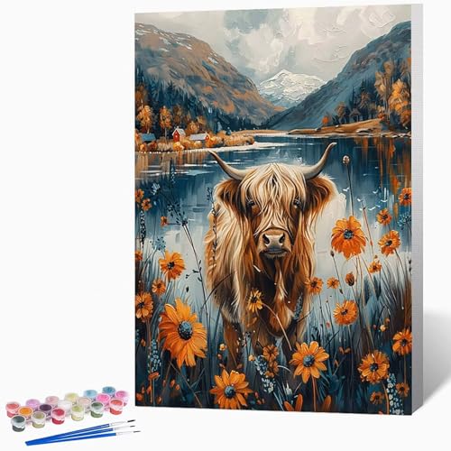 Tier Malen Nach Zahlen Erwachsene Ochse Malen Nach Zahlen DIY Set Erwachsene 70x95cm, Kreativ Handgemalt Leinwand Set Mit 3-Pinseln Und Acrylfarbe, Geschenke, Deko FüR Frauen (Ohne Rahmen) -LKF0785E von Generic
