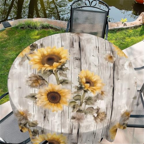 Tischdecke abwischbar Rund 60"(150x150cm), Garten tischdecke mit Retro-Sonnenblume Motiv, Dekorative Tischdeko für KücheEsszimmer tischdecke Outdoor wetterfest von Generic