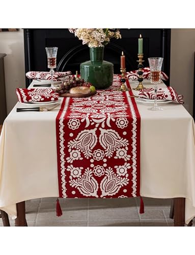 Tischläufer Retro Rot Tischläufer mit Quaste Rot Lange Jacquard Tischläufer für Esszimmer, Couchtisch, Zimmer, Kommode, Party, Bankett, Urlaubsdekoration(Red,35x200cm/13.65x78in) von Generic