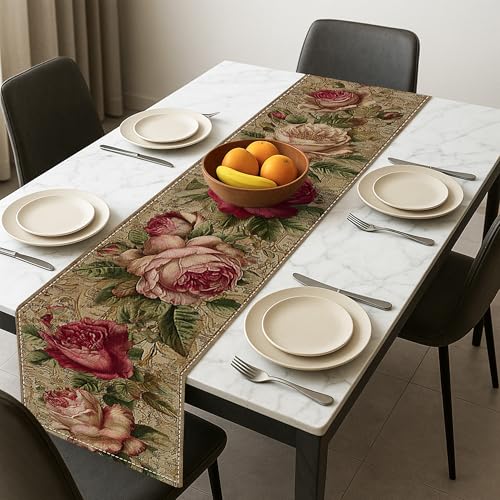 Tischläufer mit Vintage-Blumenmuster, elegantes Rosenmuster, rustikale Dekoration für herbstliche Familientreffen, 33 x 183 cm Tischläufer mit Vintage-Blumenmuster, elegantes Rosenmuster, rustikale Dekoration für herbstliche Familientreffen, 33 x 183 cm von Generic