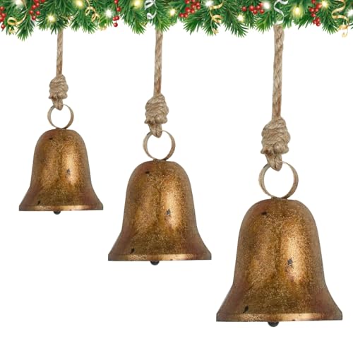 Traditionelle Weihnachtsglocken, große rustikale hängende Glocken mit Juteseil, antikes goldfarbenes Metall, Weihnachtsglocken für Bäume, Kränze, Türen, Kamine, Hochzeiten und Heimdekorationen, 3 Traditionelle Weihnachtsglocken, große rustikale hängende Glocken mit Juteseil, antikes goldfarbenes Metall, Weihnachtsglocken für Bäume, Kränze, Türen, Kamine, Hochzeiten und Heimdekorationen, 3 von Generic