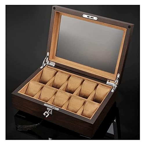 Uhrenvitrine, Uhrenbox aus ivholz, 10-Schlitz-Schmuckschatulle aus Holz mit Schlüssel und Glasplatte, Schmuckaufbewahrung, Organizer, Schaukasten, Herrenuhrenbox von Generic