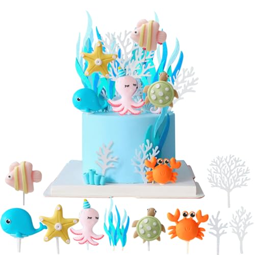 Unterwasserwelt Cake Topper, 11 Stück Ozean Thema Cakee Topper, 3D Meerestiere Cake Dekoration, Ocean Animals Sea Cake Dekoration, für Kinder Party Geburtstag Party Kuchen Dekoration Supplies von Generic