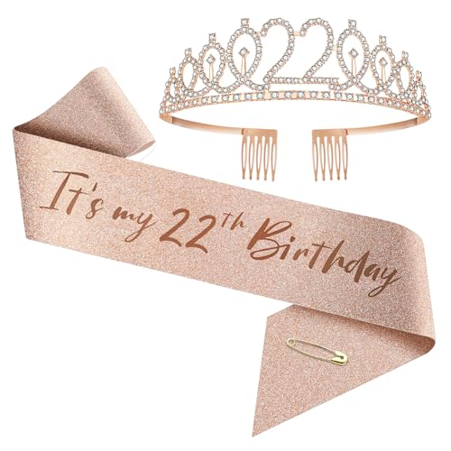 Upgrade Geburtstag Krone und Schärpe für Frauen Geburtstage von 1 Jahr bis 100 Jahre alt - Roségold Strass Tiara Set und Schärpe für Dekorationen (22 Jahre alt) von Generic