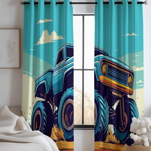 Verdunkelungsvorhänge Cartoon Monstertruck Motiv H 260 x B 140 cm (2er Pack) vorhänge mit Ösen für Kinder-und Jugendzimmer dekorieren Blau Bedruckt wärmeisoliert vorhänge von Generic