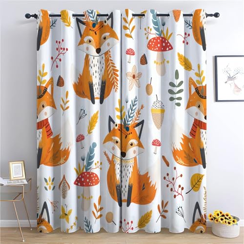 Verdunkelungsvorhänge H245 x B280 cm, Cartoon Tier Fuchs Pilz Thermo Isoliert Lärmminderung Vorhänge, Polyester Anti Fade Hellfarben Vorhange für Schlafzimmer Wohnzimmer Kinderzimmer von Generic