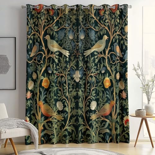 Verdunkelungsvorhang Für Kinderzimmer Wohnzimmer Schlafzimmer, William Morris Blumen Vögel Muster Gardinen Blickdichter, Verdunkelung mit Ösen H140 x B90 cm (2er Pack), Dunkelgrün von Generic