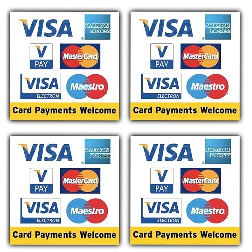Vinyl-Aufkleber-Set mit Kreditkarten-Akzeptierung, Visa, American Express, Vpay, MasterCard, Electron, Maestro, wasser- und wetterfest, langlebig, 100 mm x 100 mm, 4 Stück Vinyl-Aufkleber-Set mit Kreditkarten-Akzeptierung, Visa, American Express, Vpay, MasterCard, Electron, Maestro, wasser- und wetterfest, langlebig, 100 mm x 100 mm, 4 Stück von Generic