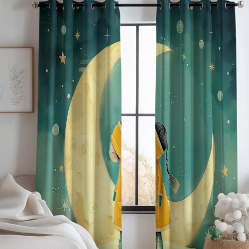 Vorhänge Blickdicht H 140 x B 90 cm (2er Pack) dekor für Kinde Junge und Mädchen Zimmer Schlafzimmer Wohnzimmer, Ösen Vorhang Süß Mondmädchen, Blaugrün Lärmschutz Verdunkelungsvorhänge von Generic