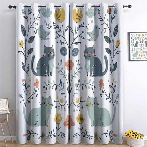 Vorhänge Süße Katze, Blumen Blickdichte Gardinen mit Ösen Thermo Vorhänge Weiß Weich Verdunkelungsvorhänge Wohnzimmer Schlafzimmer Vorhang H260 x B140 cm (2er Pack) für Kinder Teenager von Generic
