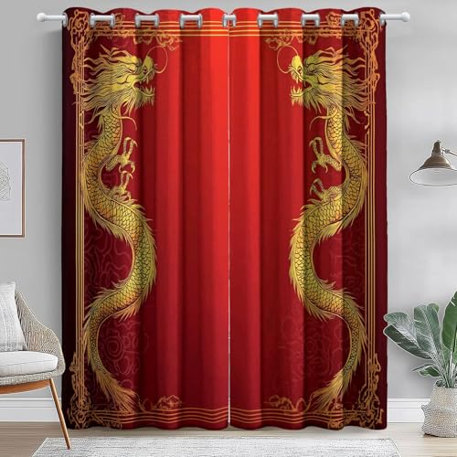 Vorhänge mit Ösen Blickdichte Gardinen, Vorhang Kinder Mädchen Schlafzimmer Wohnzimmer, Goldener Drachenrahmen Im Chinesischen Stil Muster Verdunklungsvorhänge H260 x B140 cm (2er Pack), Rot Gold von Generic