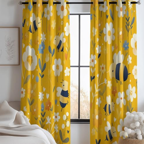 Vorhang Blickdichte Süß Kleine Biene Muster mit Ösen Dekoration für Schlafzimmer Kinderzimmer, Vorhang H 166 x B 75 cm (2er Pack) Bedruckte, Gardinen Gelb Set von Generic
