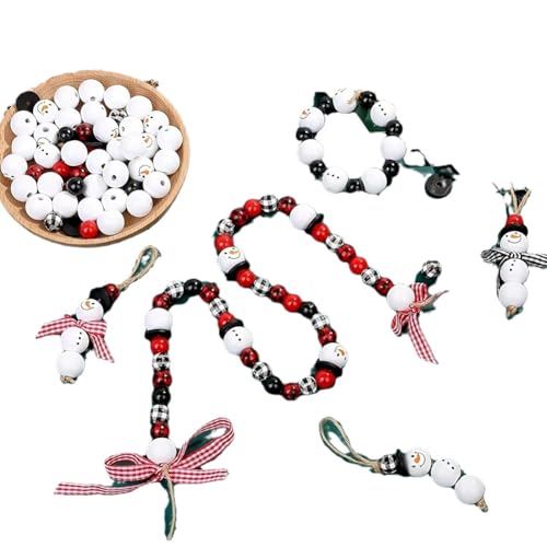 WANLiber 80 Stück Schneemann-Holzperlen mit Schnurschal, Xmas bedruckte Holzperlen zum Basteln, vielseitiges Weihnachts-DIY-Perlenset für Stimmung und Geschenke von Generic