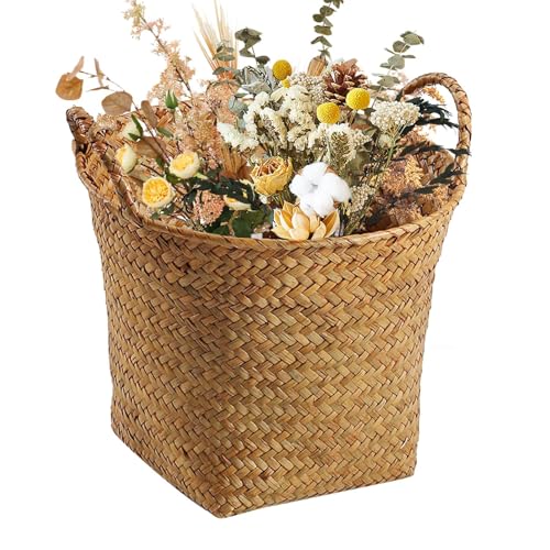 Wäschekorb aus Webstoff, Blumen-Korb mit Thema, handgefertigter Snack-Basketball, rund, Desktop-Dekoration aus Stoff mit Griffen, natürliche Strohaufbewahrungsbox für Balken von Generic