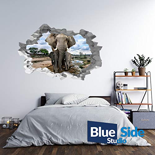 Wandtattoo Elefantenfamilie Safari 3D Loch in der Wand B Effekt Wandaufkleber Wandbild, 125cm x 83cm von Generic