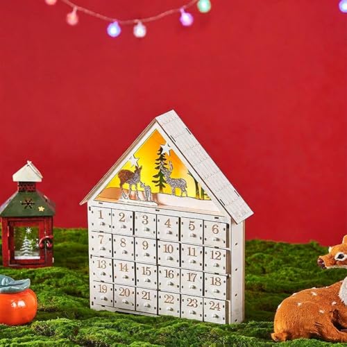 Weihnachten Holz Adventskalender Haus mit LED Licht, Holz Adventskalender mit 24 Schubladen, Weihnachten Dorfhaus Stern Wiederverwendbar Handgefertigter Countdown für Innen Xmas Dekoration (Klein 1PC) von Generic