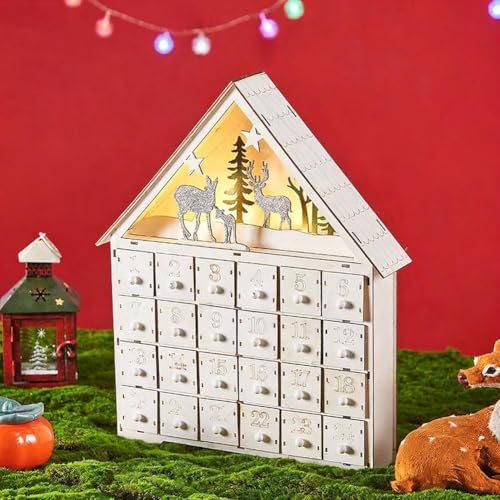 Weihnachten Holz Adventskalender Haus mit LED Licht, Holz Adventskalender mit 24 Schubladen, Weihnachten Dorfhaus Stern Wiederverwendbarer Handgefertigter Countdown für Innen Xmas Dekoration (Groß von Generic