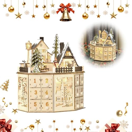 Weihnachts-Adventskalender aus Holz mit 24 Aufbewahrungsschubladen, LED-Countdown bis Weihnachtskalender mit Musik, 24-Tage-Advents-C-Alendar, beleuchteter Baumhaus-Countdown für Tischdekoration von Generic