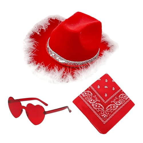 Weihnachts-Cowboyhüte, Cowboy-Hüte, Weihnachtsmütze, Westernhüte, Partyhüte, 3 x Herzbrille, breiter Krempe, verstellbarer Cowgirl-Hut, Vintage-Bandana von Generic