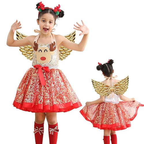 Weihnachts-Tutu- für Mädchen, Tutu- für Weihnachten – mit Kopfschmuck und Flügeln Karneval 3 x Set für Mädchen, Tüllkleid | Rock aus Netzstoff mit Elch-Cartoon-Druck, hautfreundlich, für die von Generic