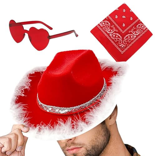 Weihnachtshut, Weihnachtshut, Partyhüte mit Westernhut für Cosplay, 3 x Weihnachtsfeierhut mit Bandana und Herzbrille, Cowgirl-Hut für Partys, Weihnachtshut, Weihnachtshut, Partyhüte mit Westernhut für Cosplay, 3 x Weihnachtsfeierhut mit Bandana und Herzbrille, Cowgirl-Hut für Partys, von Generic