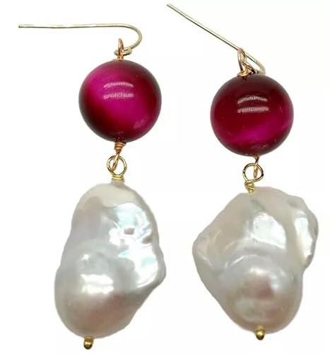 Weiße Keshi-Zuchtperle, Fuchsia, Tigerauge, runde Ohrhänger Weiße Keshi-Zuchtperle, Fuchsia, Tigerauge, runde Ohrhänger von Generic