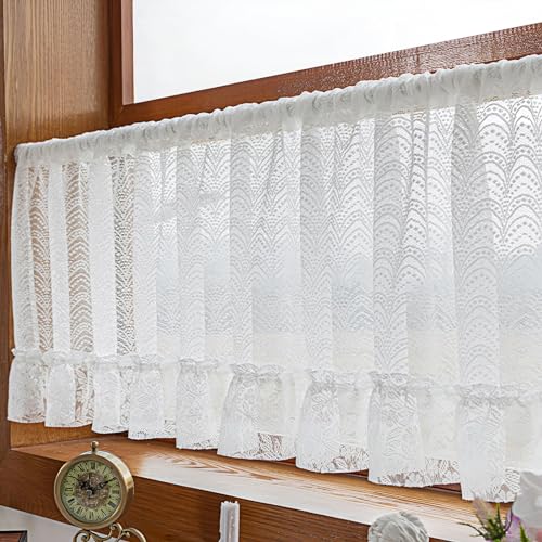 Weiße Transparent Spitze Vorhänge für Küche 40 cm lang Scheibengardine Vintage Wohnzimmer Schlafzimmer Kurzgardine (Color : White, Size : (WXL) 200x40cm/79x16in) von Generic