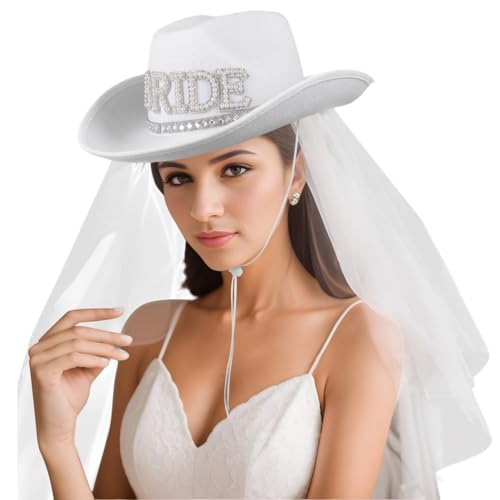 Weißer Cowgirlhut mit Schleier, Strass-Perlen, Cowboyhut für Brautpartys und Junggesellinnenabschiede Weißer Cowgirlhut mit Schleier, Strass-Perlen, Cowboyhut für Brautpartys und Junggesellinnenabschiede von Generic