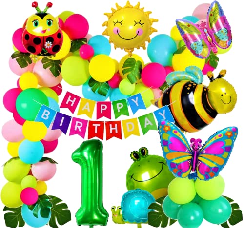 XL Garten insekten Frühling spring garten Set + Riesenzahl 1 Grün 100 cm 1. Party Deko Ballons 1 Happy Birthday Kinder Deco Folienballon Ballon Butterfly biene Maja Sonne Frosch Natur (Zahl 1) von Generic