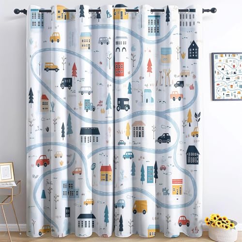 vorhänge Blickdicht Stadtplan, Cartoon-Auto Muster Gardinen Mit Ösen weiche Verdunkelungs H260 x B140 cm (2er Pack) Junge Mit Mädchen SchlafzimmerBlau von Generic