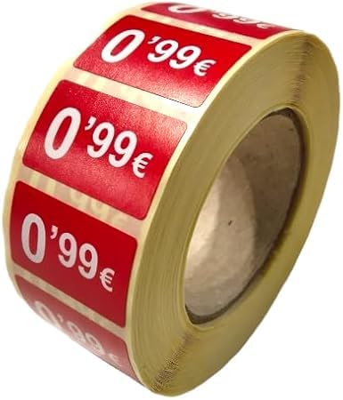 3 Rollen Preisschilder, 99 €, selbstklebend, insgesamt 3000 Aufkleber, 25 x 15 mm, Hellrot, ideal für Werbeaktionen (0,99 € -3000 Stück) von Genérico