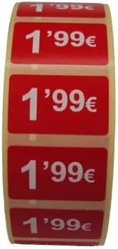 3 Rollen Preisschilder, 99 €, selbstklebend, insgesamt 3000 Aufkleber, 25 x 15 mm, Hellrot, ideal für Werbeaktionen (1,99 € -3000 Stück) von Genérico