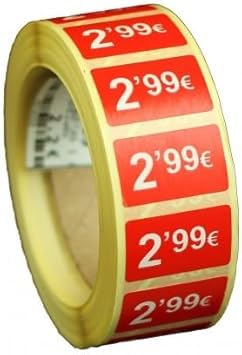 3 Rollen Preisschilder, 99 €, selbstklebend, insgesamt 3000 Aufkleber, 25 x 15 mm, Hellrot, ideal für Werbeaktionen (2,99 € - 3000 Stück) von Genérico