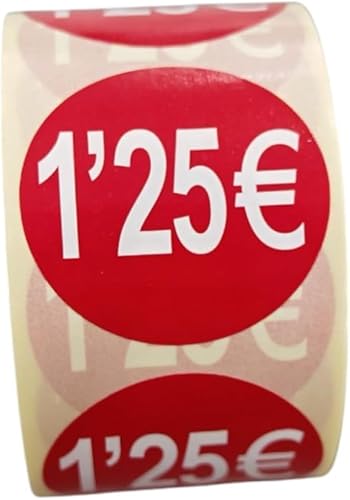 3 Rollen Preisschilder 1,25 € für reduzierte Produkte | 1.500 selbstklebende Rabatt-Aufkleber in leuchtendem Rot | runde Aufkleber zum Beschriften von Angeboten mit einem Durchmesser von 35 mm (1,25 € von Genérico
