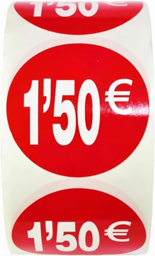 3 Rollen Preisschilder 1,5 € für reduzierte Produkte | 1.500 selbstklebende Rabatt-Aufkleber in leuchtendem Rot | runde Aufkleber zum Beschriften von Angeboten mit einem Durchmesser von 35 mm (1,5 € von Genérico