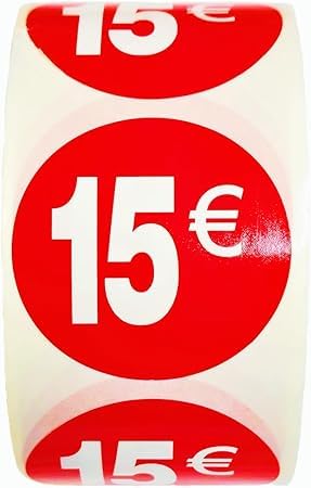 3 Rollen Preisschilder 15 € für reduzierte Produkte | 1.500 selbstklebende Rabatt-Aufkleber in leuchtendem Rot | runde Aufkleber zum Beschriften von Angeboten von Ø 35 mm (15€-3) von Genérico