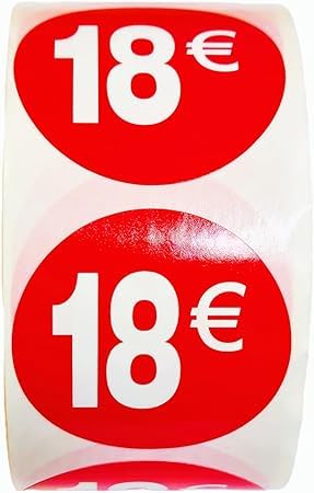 3 Rollen Preisschilder 18 € für reduzierte Produkte | 1.500 selbstklebende Rabatt-Aufkleber in leuchtendem Rot | runde Aufkleber zum Beschriften von Angeboten von Ø 35 mm (18€-3) von Genérico