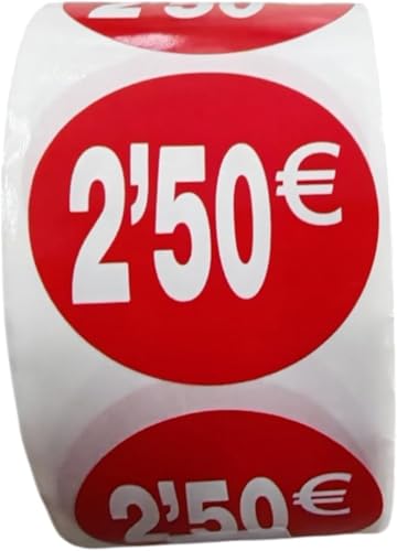 3 Rollen Preisschilder 2,5 € für reduzierte Produkte | 1.500 selbstklebende Rabatt-Aufkleber in leuchtendem Rot | runde Aufkleber zum Beschriften von Angeboten von Ø 35 mm (2,5€-3) von Genérico