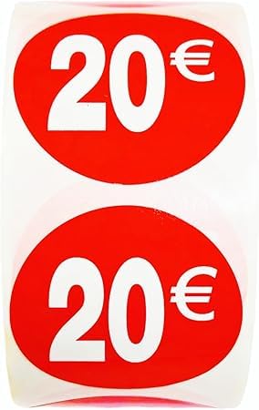 3 Rollen Preisschilder '20€' für reduzierte Produkte | 1.500 selbstklebende Rabattaufkleber in leuchtend rot | runde Aufkleber zum Beschriften von Angeboten mit Ø35 mm (20€-3) von Genérico
