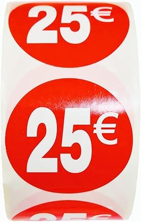 3 Rollen Preisschilder '25 €' für reduzierte Produkte | 1.500 selbstklebende Rabattaufkleber in leuchtend rot | runde Aufkleber zum Beschriften von Angeboten von Ø 35 mm (25€-3) von Genérico