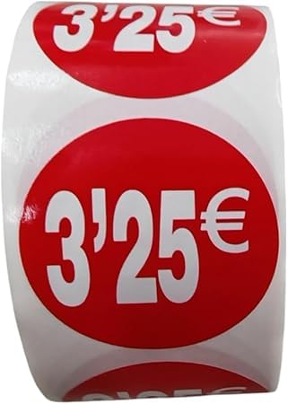 3 Rollen Preisschilder '3,25 €' für reduzierte Produkte | 1.500 selbstklebende Rabatt-Aufkleber in leuchtendem Rot | runde Aufkleber zum Beschriften von Angeboten von Ø 35 mm (3,25€-3) von Genérico