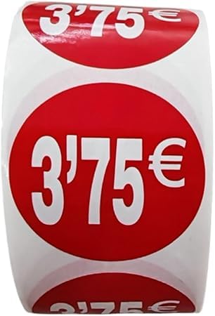 3 Rollen Preisschilder 3,75 € für reduzierte Produkte | 1.500 selbstklebende Rabatt-Aufkleber in leuchtendem Rot | runde Aufkleber zum Beschriften von Angeboten mit einem Durchmesser von 35 mm (3,75 € von Genérico