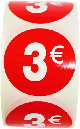 3 Rollen Preisschilder '3€' für reduzierte Produkte | 1.500 selbstklebende Rabattaufkleber in leuchtend rot | runde Aufkleber zum Beschriften von Angeboten von Ø 35 mm (3€ -3) von Genérico