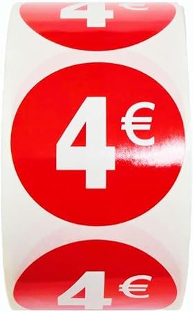3 Rollen Preisschilder '4 €' für reduzierte Produkte | 1.500 selbstklebende Rabatt-Aufkleber in leuchtendem Rot | runde Aufkleber zur Kennzeichnung von Angeboten mit einem Durchmesser von 35 mm (4 € von Genérico