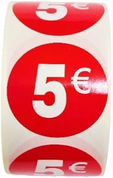 3 Rollen Preisschilder '5 €' für reduzierte Produkte | 1.500 selbstklebende Rabatt-Aufkleber in leuchtendem Rot | runde Aufkleber zum Beschriften von Angeboten von Ø 35 mm (5€-3) von Genérico