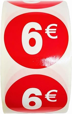 3 Rollen Preisschilder '6 €' für reduzierte Produkte | 1.500 selbstklebende Rabattaufkleber in leuchtend rot | runde Aufkleber zum Beschriften von Angeboten von Ø 35 mm (6€-3) von Genérico