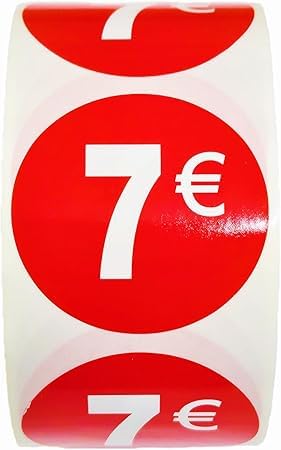 3 Rollen Preisschilder '7€' für reduzierte Produkte | 1.500 selbstklebende Rabattaufkleber in leuchtend rot | runde Aufkleber zum Beschriften von Angeboten von Ø 35 mm (7€-3) von Genérico