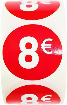 3 Rollen Preisschilder '8 €' für reduzierte Produkte | 1.500 selbstklebende Rabattaufkleber in leuchtend rot | runde Aufkleber zum Beschriften von Angeboten von Ø 35 mm (8€-3) von Genérico