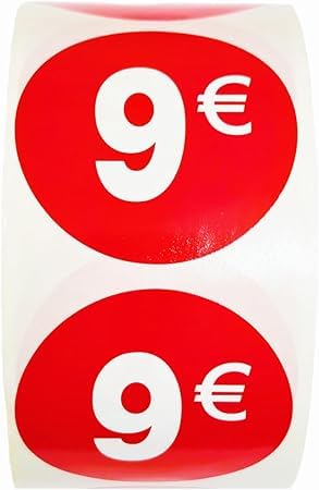 3 Rollen Preisschilder 9 € für reduzierte Produkte | 1.500 selbstklebende Rabatt-Aufkleber in leuchtendem Rot | runde Aufkleber zum Beschriften von Angeboten von Ø 35 mm (9€-3) von Genérico